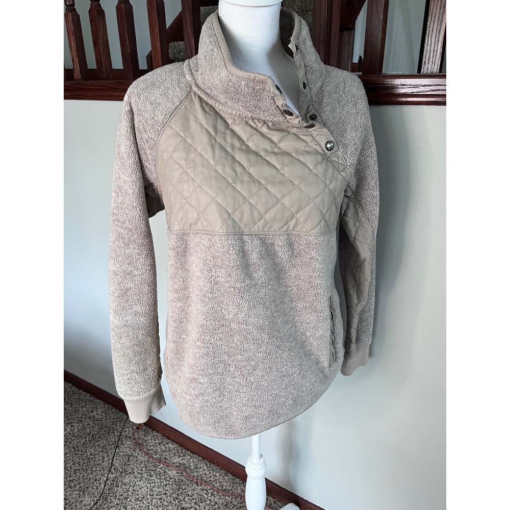 Abercrombie & Fitch Asymmetric Snap Quilted Sherpa Fleece Sweatshirt Tan Small